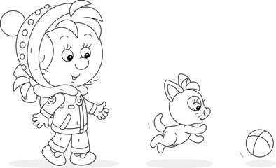 Happy little girl walking with her funny kitten and playing a small ball in a winter park, black and white outline vector cartoon illustration for a coloring book
