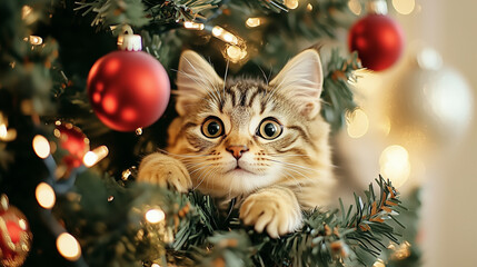A cute cat is playing on the Christmas tree