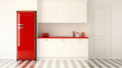 Compact kitchen with checkerboard flooring, retro red appliances, and bold accent colors