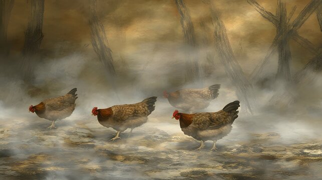 Rural Tranquility: Chickens peck at the ground, their clucking muffled by mist. 