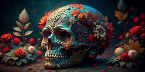 Vibrant Floral Skull Art - Tilt-Shift Photography of Skull with Red and Teal Patterns on Dark Background