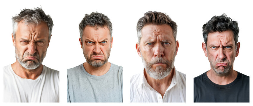  Portrait of middle-aged beautiful  white man with disgusted expression, isolated on transparent background, generative ai.