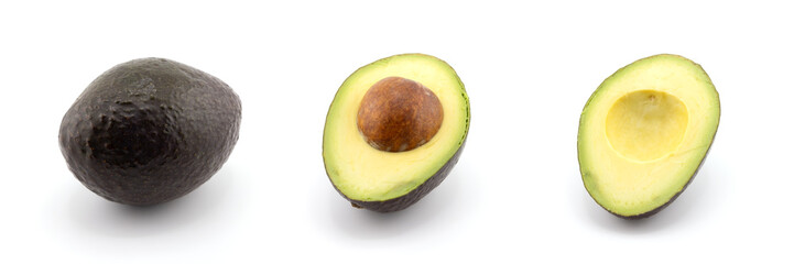 Set of fresh ripe whole and halved avocado isolated on white background.