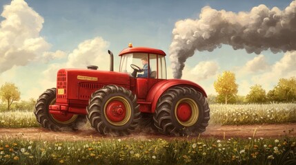 Farmer driving red tractor in cultivated field landscape