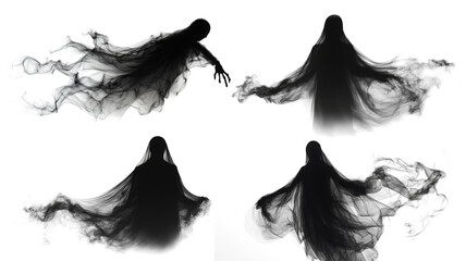Realistic Halloween ghosts set PNG. Transparent isolated phantom. Flying spooky dead soul. Black smoke transparent horror monster.