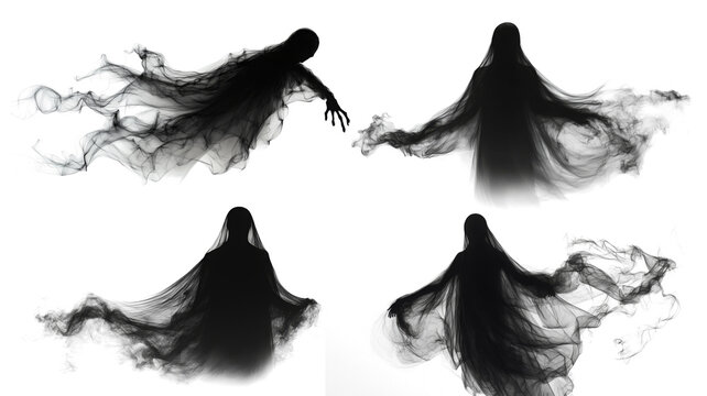 Realistic Halloween ghosts set PNG. Transparent isolated phantom. Flying spooky dead soul. Black smoke transparent horror monster.
