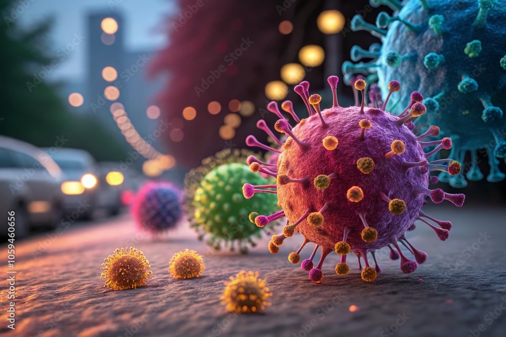 Poster vibrant microscopic view of viruses and bacteria with bokeh effect for scientific visualization of p