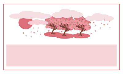 Banner of blooming sakura under clouds and red sunset sun. Sakura Blossom Festival - color vector illustration on white, with space for text in frame, web design, packaging