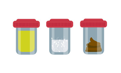 Set of plastic containers with biomaterials urine, sperm and feces for clinical tests in the laboratory - vector, color illustration