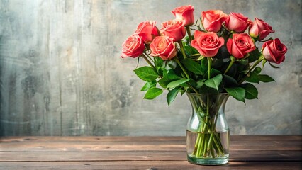 Long-stemmed roses in a vase with greenery, anniversary flowers, flower arrangement