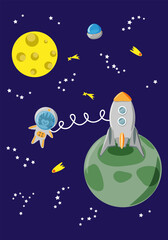 Rocket and hedgehog astronaut in open space among stars, moon and comets, ufo in the distance - fairy tale background, color vertical vector illustration for design of wallpapers 