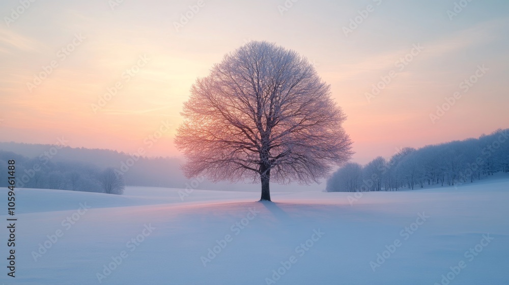 Poster a lone tree with bare branches rises from a blanket of snow, bathed in soft morning light. the horiz
