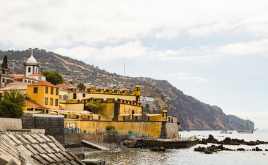 Beautiful view of the old town and fort on a summer day. Funchal. Madeira. Portugal.