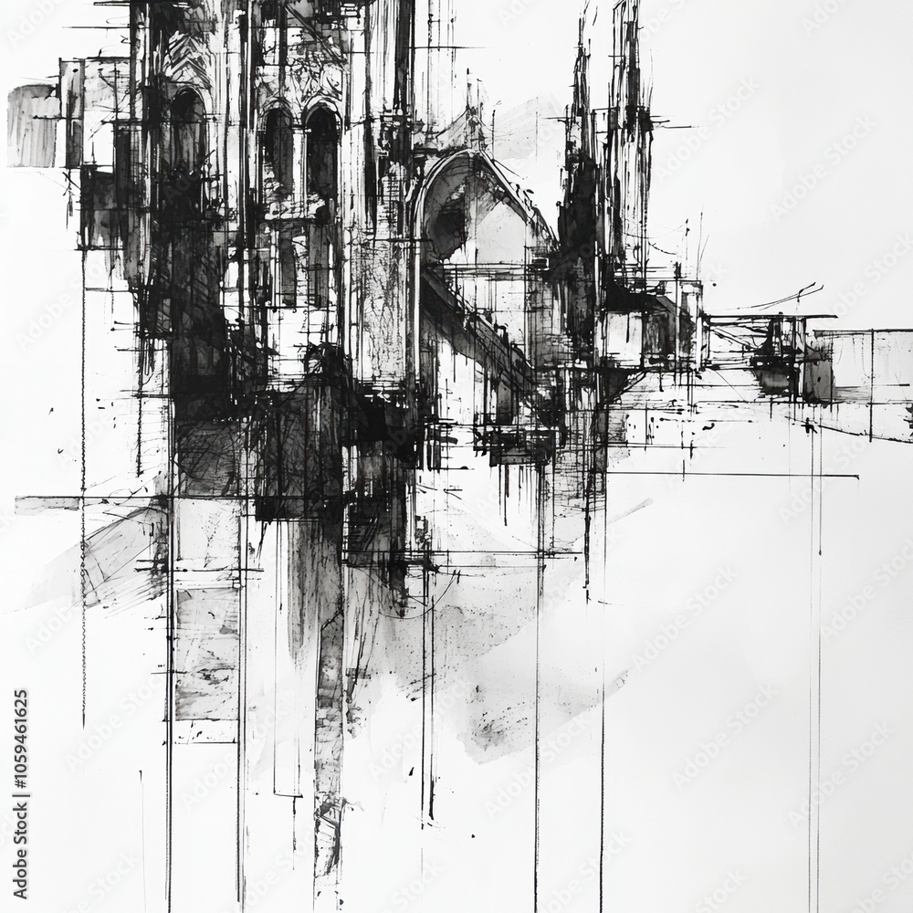 Fototapete An abstract urban landscape features architectural elements drawn in black ink, showcasing a blend of structure and artistic expression. Generative AI