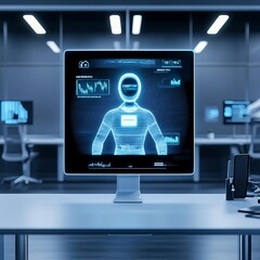AI-powered investment advisor, floating hologram, futuristic office