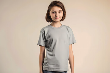Obraz premium A young Caucasian girl stands confidently in a plain gray t-shirt, set against a soft, neutral background, exuding a calm and relaxed demeanor.