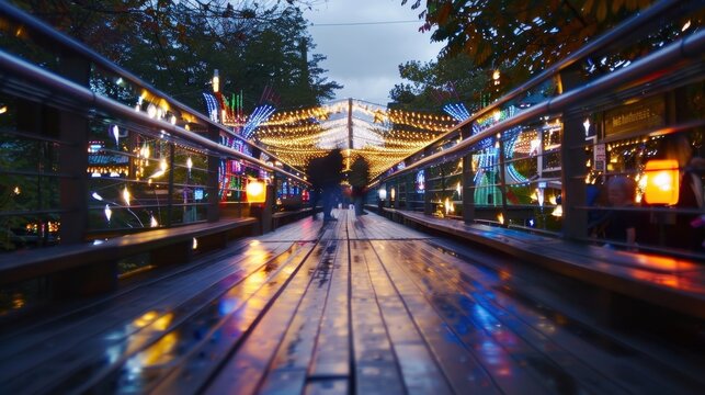 A rush of blurred lights and sounds as the amut park comes to life in the evening.