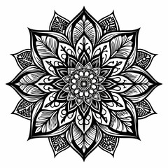 Detailed Black and White Mandala with Geometric and Floral Patterns