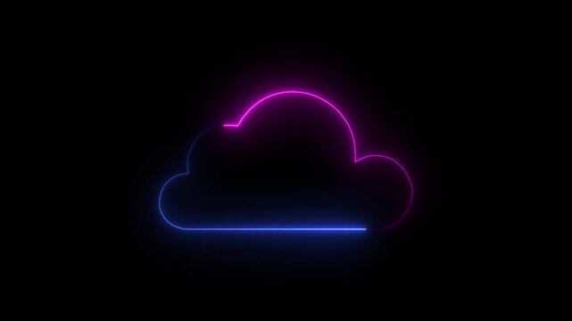 Neon cloud icon animation black background. Glowing neon cloud storage  looped animation.