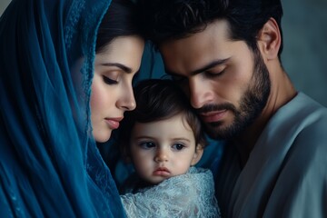 A serene moment of a holy family with mother in blue veil and father in simple robes gazing at their child © Natalia