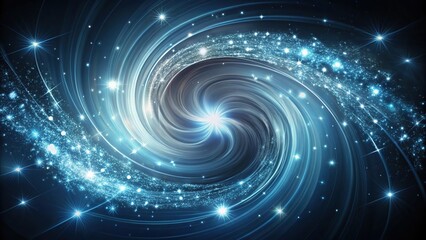 Minimalist abstract design featuring swirling vortex of blue and silver hues, accented with tiny white stars in a dark gray space, technology, silver, futuristic