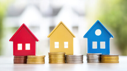 Affordable housing options with colorful models and coins symbolize investment