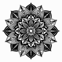 Detailed Black and White Mandala with Geometric and Floral Patterns