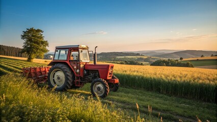 Naklejka premium Vibrant Red Tractor in a Lush Green Field Under Clear Blue Sky - Perfect for Agricultural and Rural
