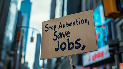 A protest sign reading "Stop Automation, Save Jobs," representing the concern over job loss due to automation