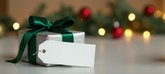 banner Christmas gift tag mockup showing a silver gift box tied with green ribbon on a warm bokeh background. Great for holiday greetings and designs, with copy space.