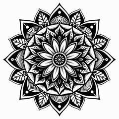 Elegant Symmetrical Black and White Mandala with Floral and Geometric Details