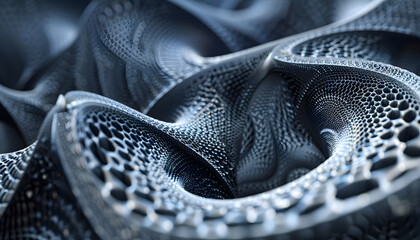 An intricate close-up of a textured, abstract surface featuring wave-like patterns and a dark, metallic color palette.