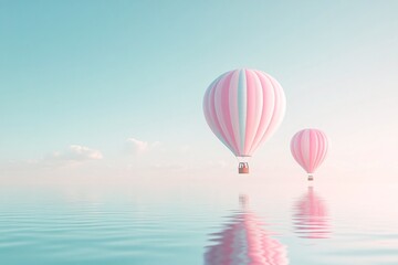 Fototapeta premium Pastel Hot Air Balloons Reflecting on Calm Water: A Dreamy Landscape
