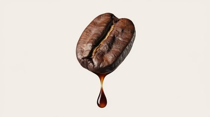 Cracked coffee bean with a drop of coffee emerging from the split