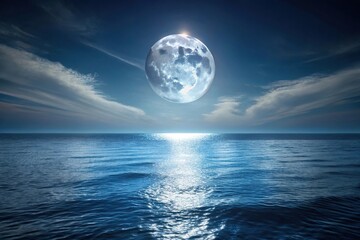 Moonlit night with a full moon casting silver light on the ocean surface, calm surface, ripples and waves