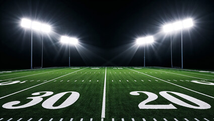 Brightly lit empty football field under stadium lights at night