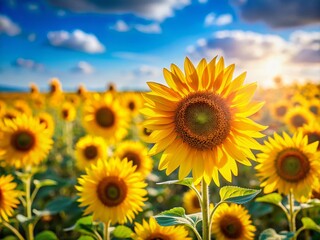 Fototapeta premium Vibrant Tilt-Shift Photography of Sunflowers in a Lush Summer Field - Stunning Close-Up of Nature's Beauty, Ideal for Nature Lovers and Floral Enthusiasts