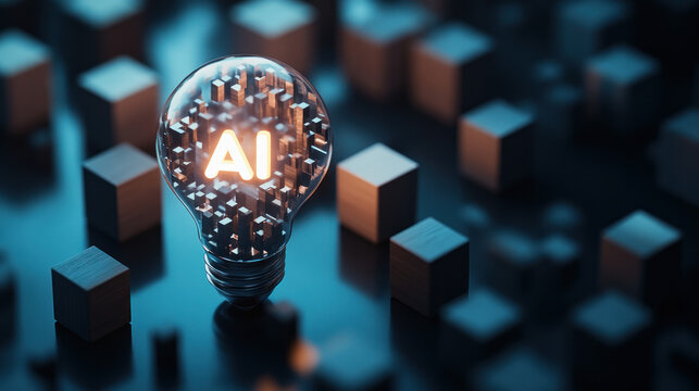 A glowing light bulb with an AI icon inside, surrounded by wooden cubes shaped like people in shades of gray and white on the left side