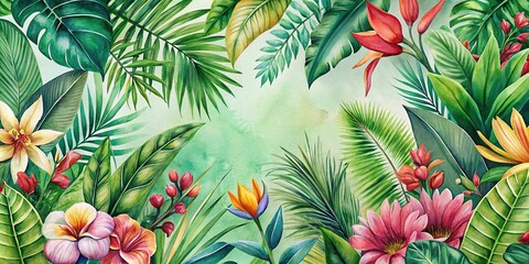 Nature-inspired botanical wallpaper featuring lush greenery and vibrant tropical flowers in a watercolor style, inspiration, watercolor