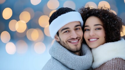 Joyful couple bundled in warm winter attire, sharing a laugh amidst a snowy landscape, capturing love and the magic of winter