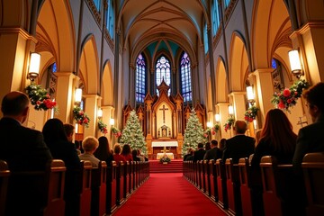 Fototapeta premium Serene Christmas Eve Mass inside Traditional Church, Devotees Kneel, Golden Light through Stained Glass Windows, Two Christmas Trees Flanking Altar, Joyful Spirit of Holiday