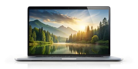 Nature-inspired landscape on a laptop screen with subtle gradient effect, nature-inspired landscape, gradient effect, serene atmosphere