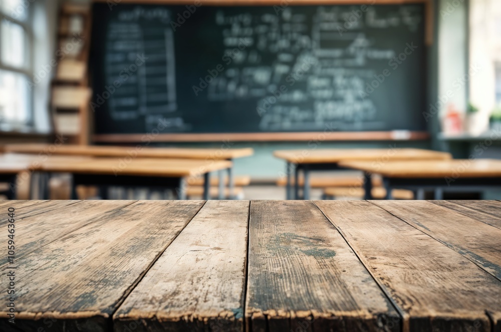 Poster Empty wooden table top with blurred classroom background for display