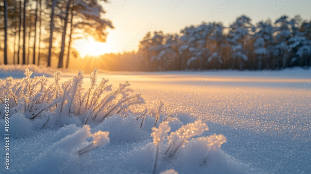 Aufkleber a tranquil winter morning unfolds as the sun rises over a snow-covered field. frosted grass sparkles