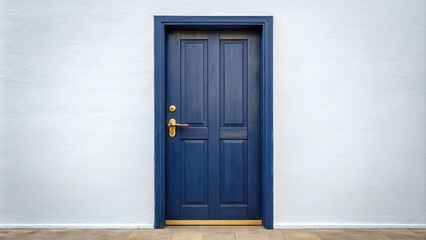 Navy blue wooden door with brass handle and hinges in a small white building, house, handle, hinges, navy blue door, exterior door