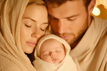 Tender moment of a holy family with loving parents embracing their newborn in warm candlelight