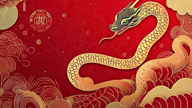 A gold dragon with scales and a red background with gold clouds
