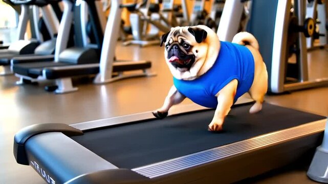 Funny pug dog in blue sportswear running on treadmill at the gym, doing cardio workout, burning fat, exercising to stay fit. Active pet training, animal fitness, dog wellness, funny gym pet concept