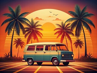 Vintage 70s Groovy Abstract Sunset Poster with Hippy Style Retro Elements and Vector Illustration for Digital Art Lovers