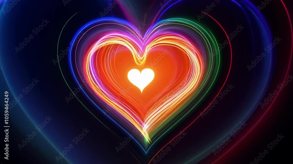 Poster a vibrant heart shape illuminated with dynamic colors and glowing energy, creating a captivating vis